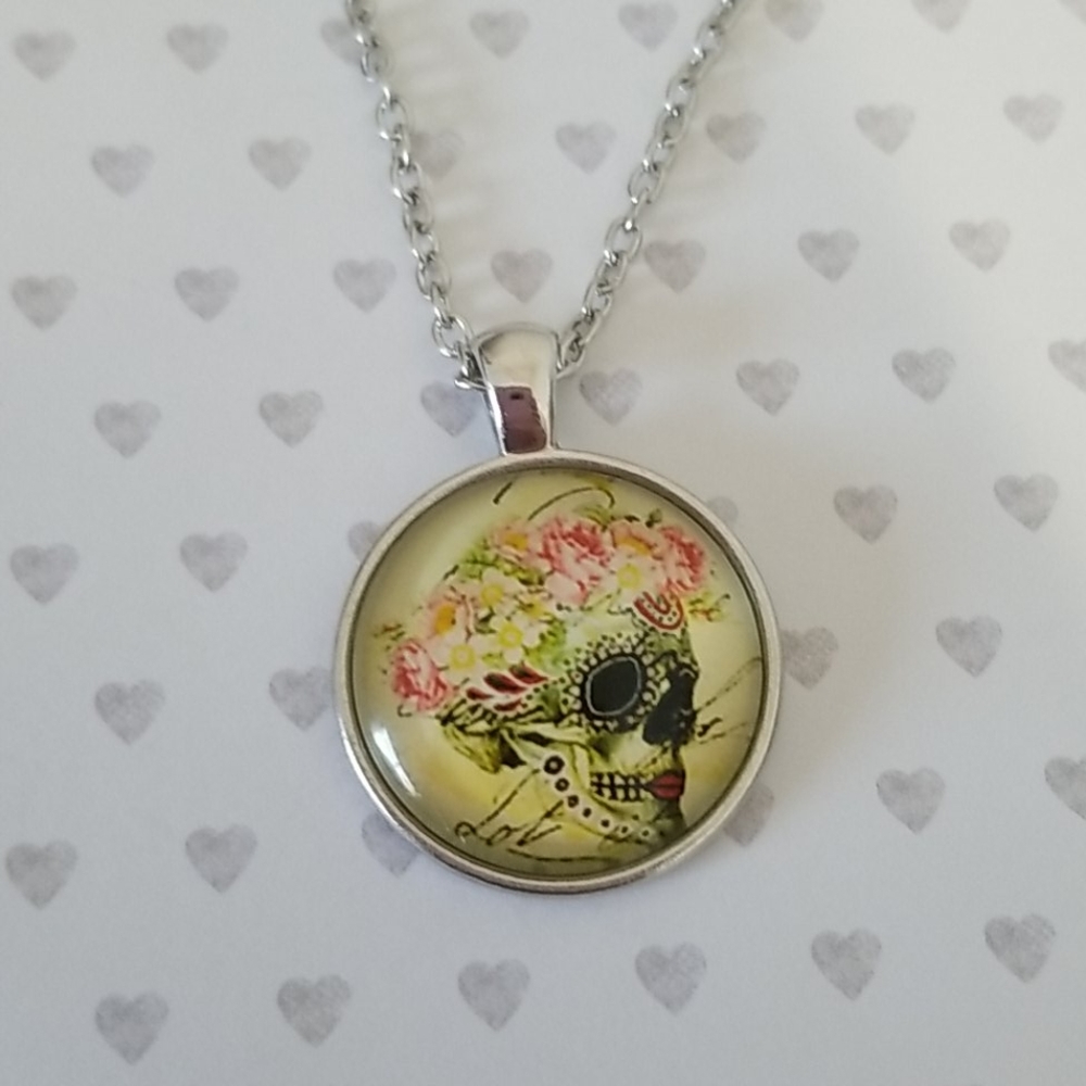 Rose Flower Skull Silver Necklace